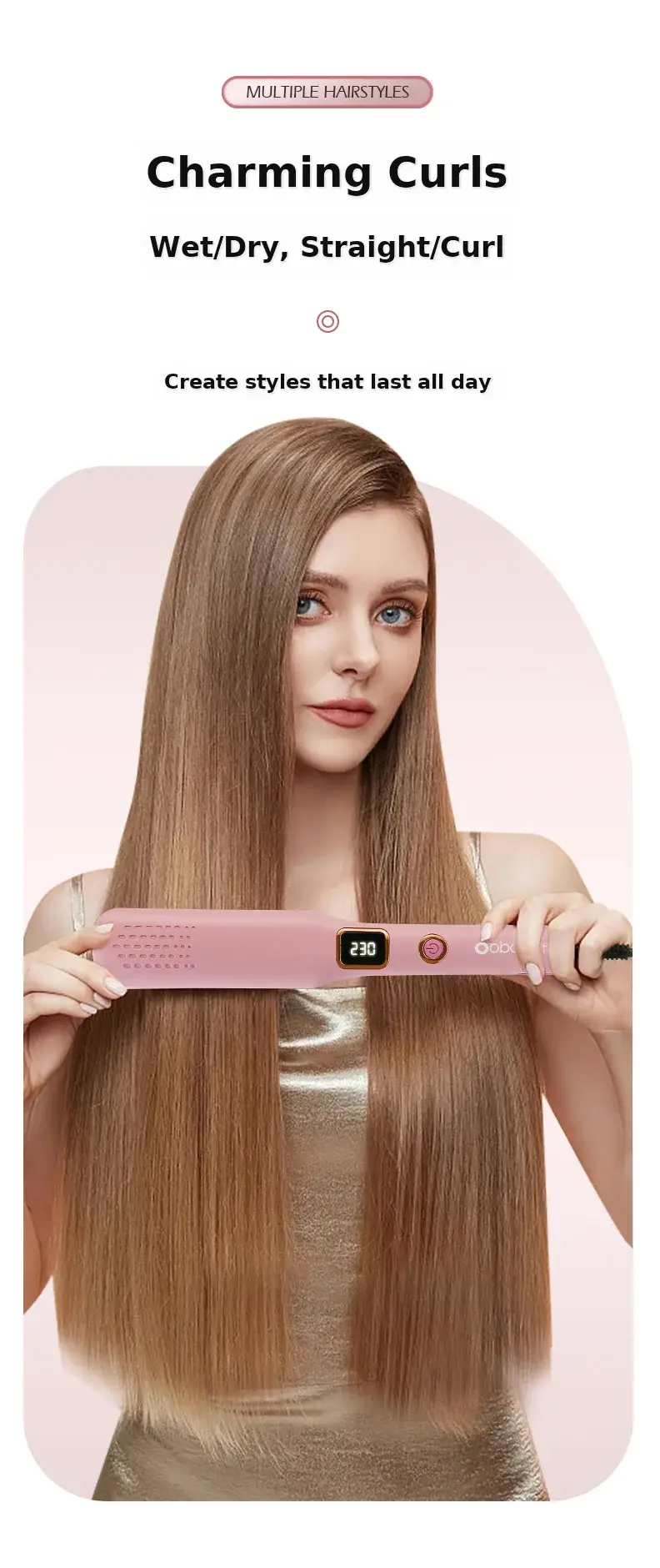 Dual-Use Hair Straightener & Curler Pink 2219 — feature 9