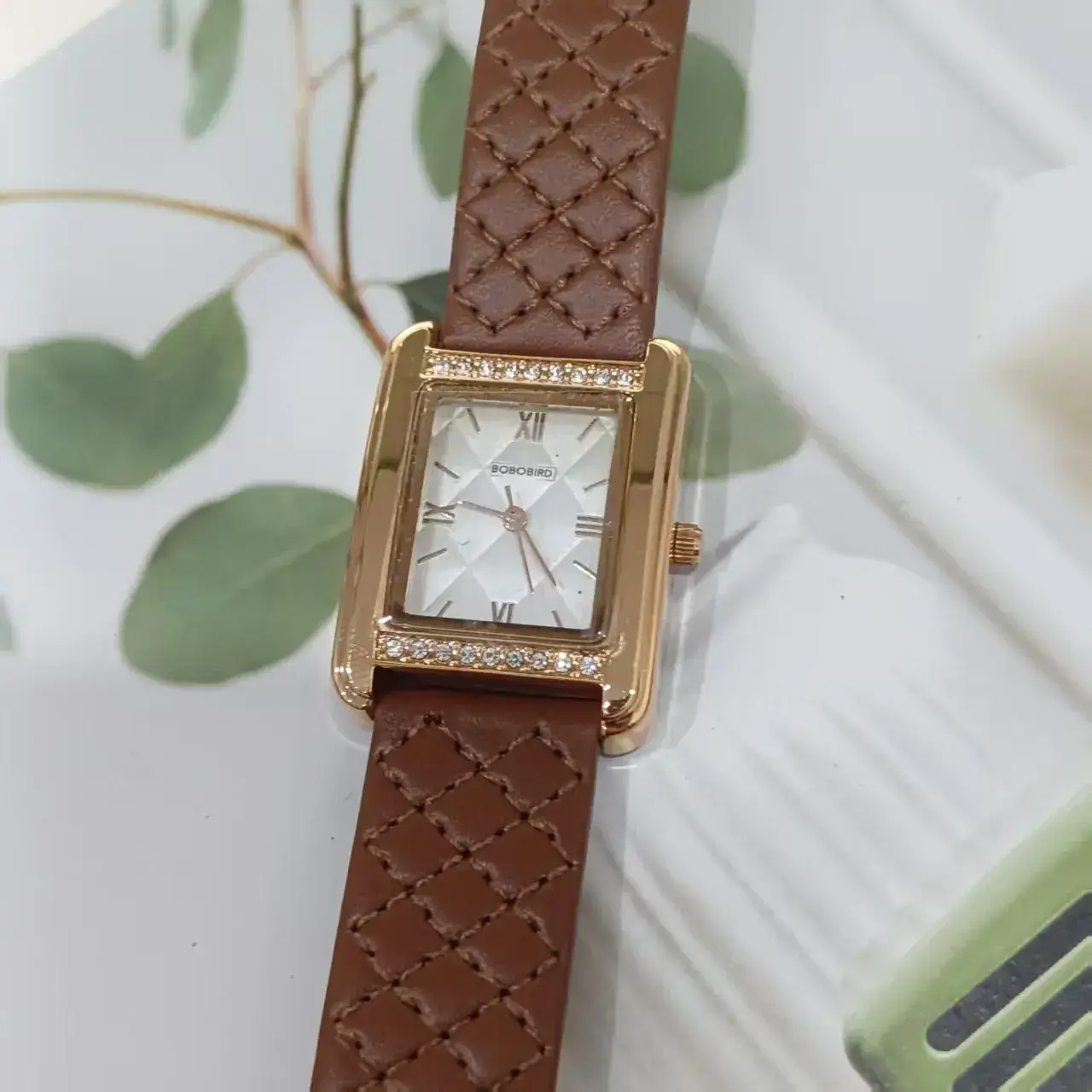 Bobobird Diamond Studded Women's Watch Black Leather Band - Image 3