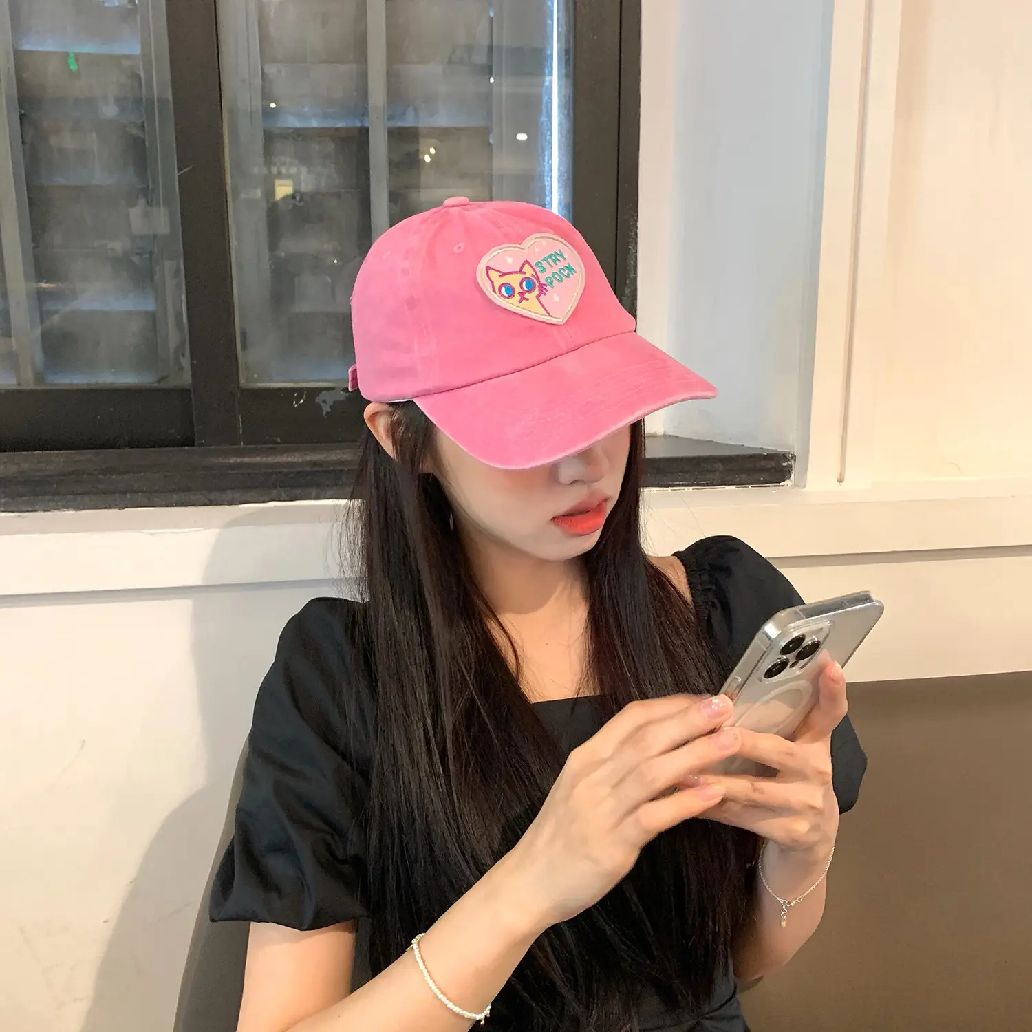 Girls Pink Anti-UV Love Cap with Embroidery