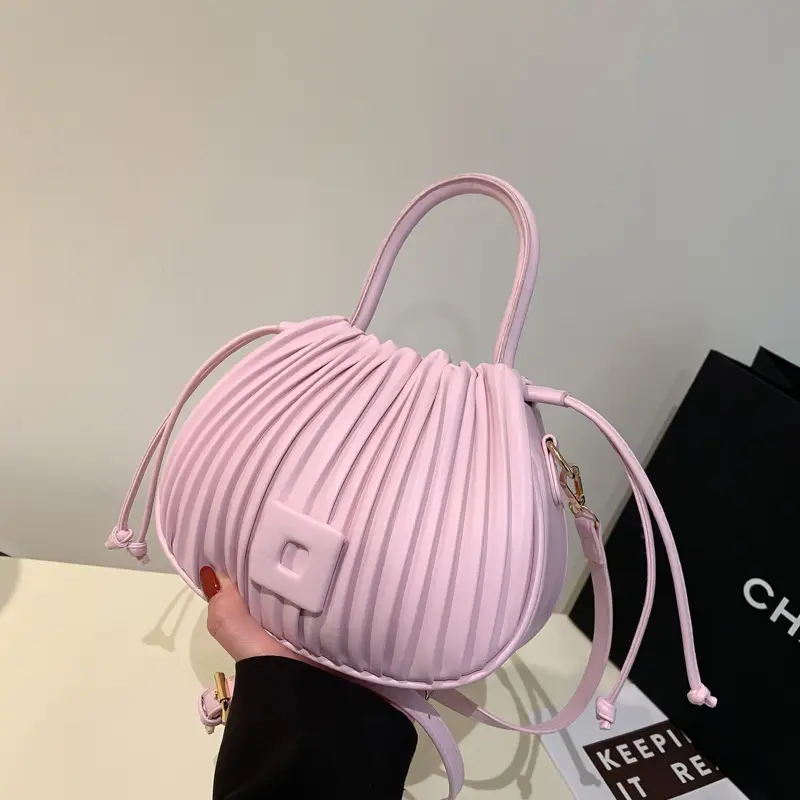 Pink Pleated Bucket Bag for Women