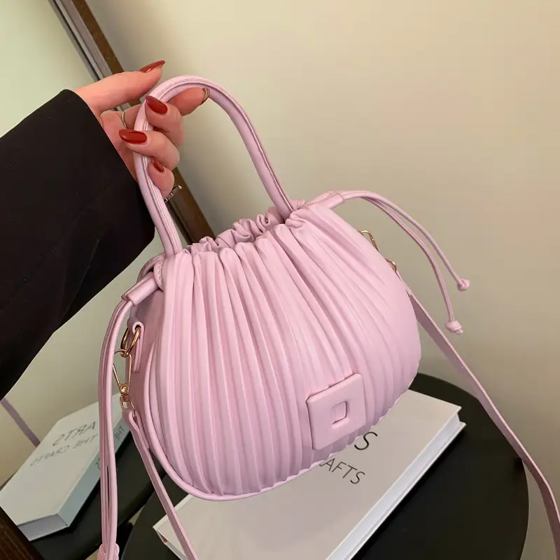 Pink Pleated Bucket Bag for Women