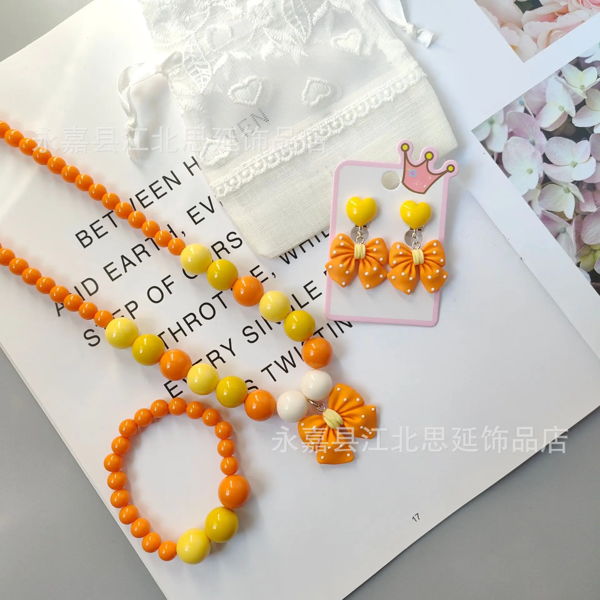 Cartoon Girl Blue Beaded Jewelry Set with Bow Laces