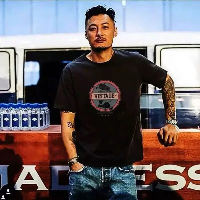 Men Black China Graphic T-Shirt Loose Fit Cotton Summer