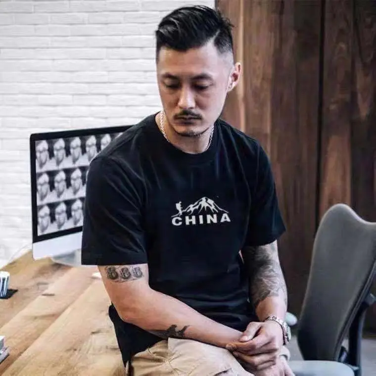 Men Black China Graphic T-Shirt Loose Fit Cotton Summer
