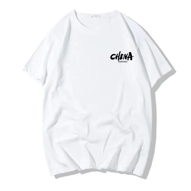 Men Black China Graphic T-Shirt Loose Fit Cotton Summer