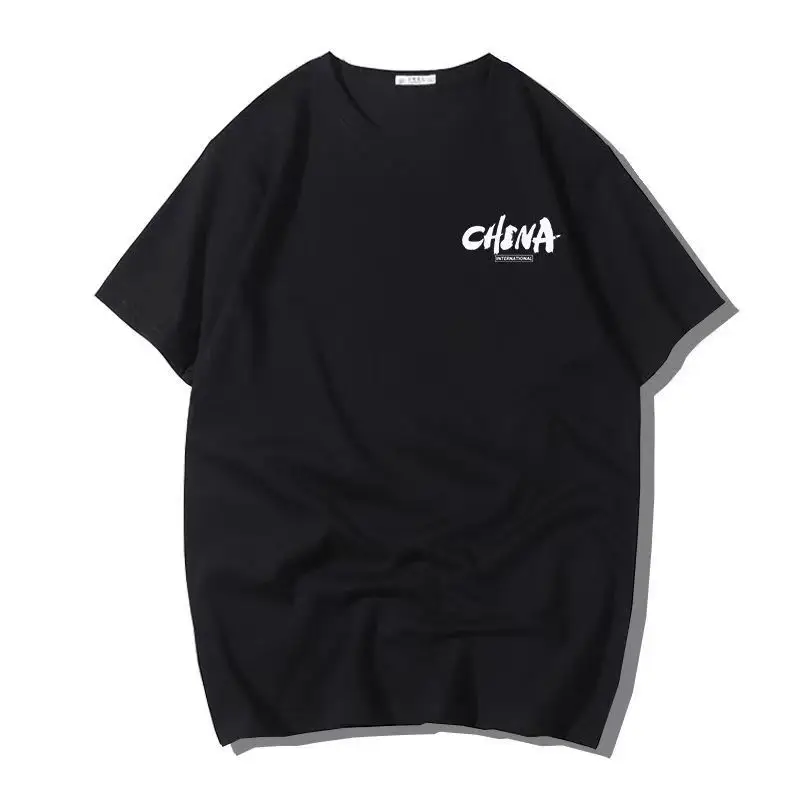 Men Black China Graphic T-Shirt Loose Fit Cotton Summer
