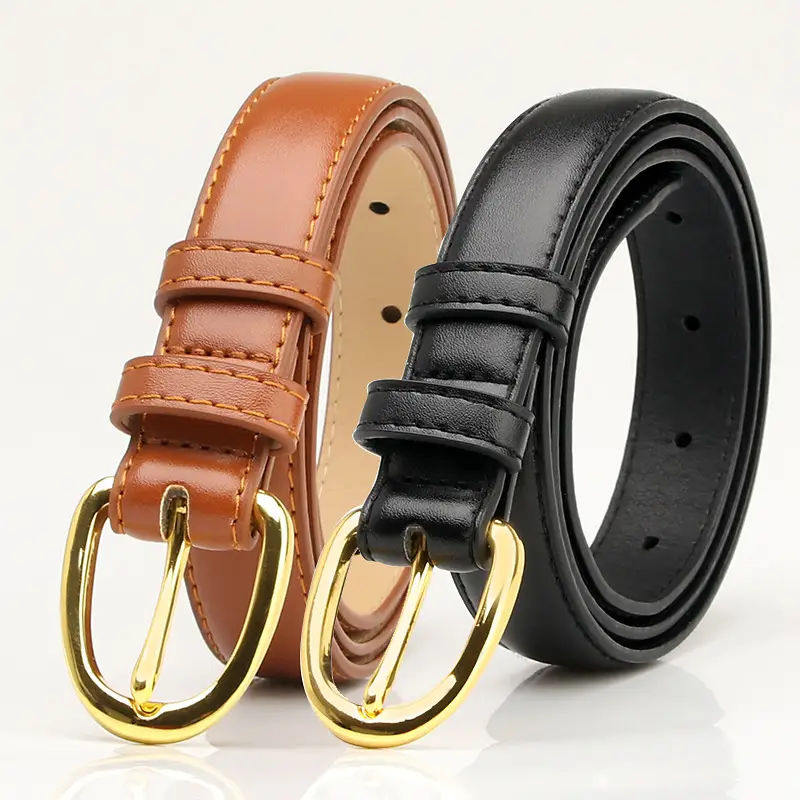 Women's Brown Leather Pin Buckle Belt with Gold Plated Ring - Image 6