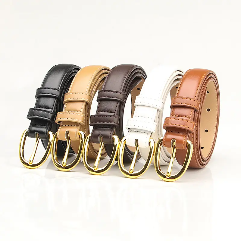Women's Brown Leather Pin Buckle Belt with Gold Plated Ring - Image 7