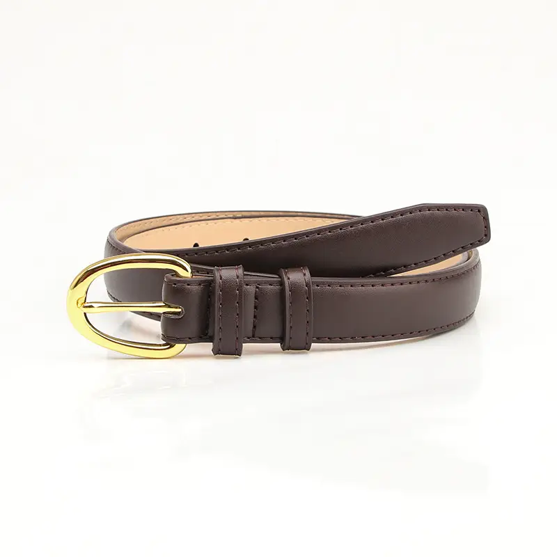 Women's Brown Leather Pin Buckle Belt with Gold Plated Ring - Image 4
