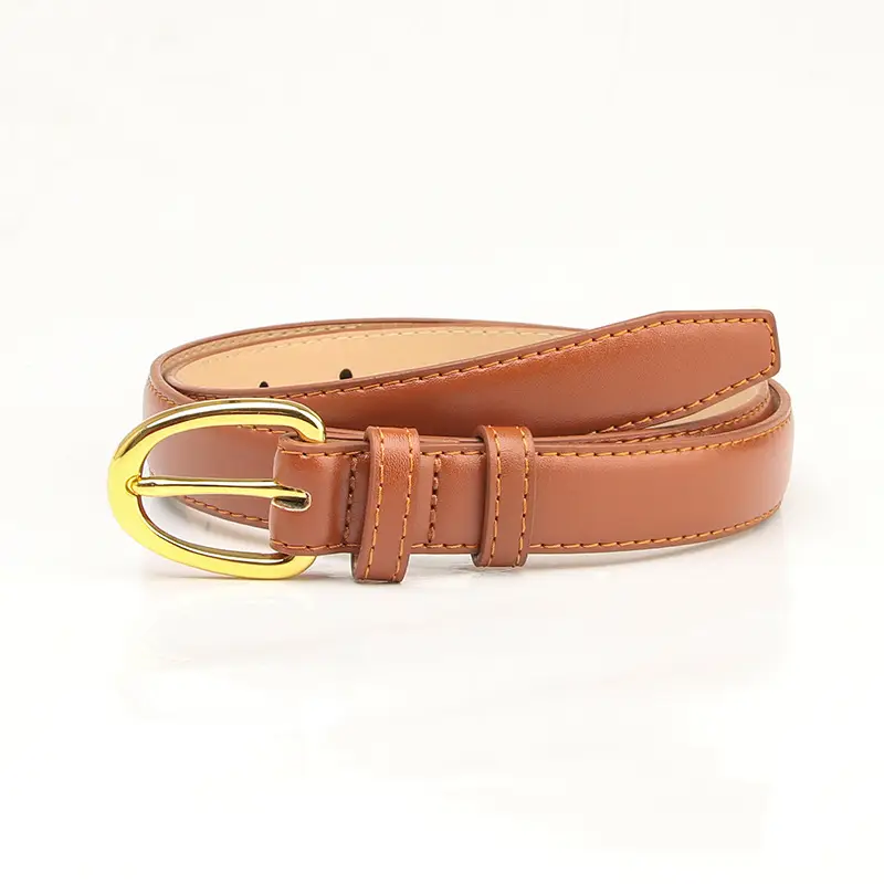 Women's Brown Leather Pin Buckle Belt with Gold Plated Ring - Image 5