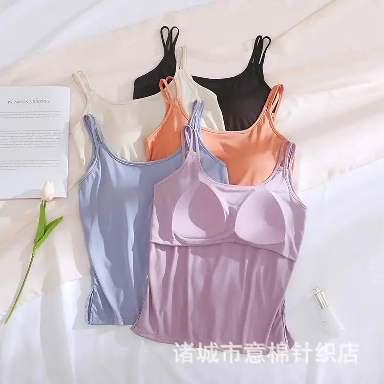 Coconut oil skin beauty with chest pad camisole Acetate silk soft cotton base Cup integrated loose thin home wear