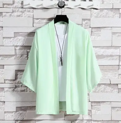 Men's 2023 Summer Loose Chinese Trench Coat Ice Silk Light Green - Image 7