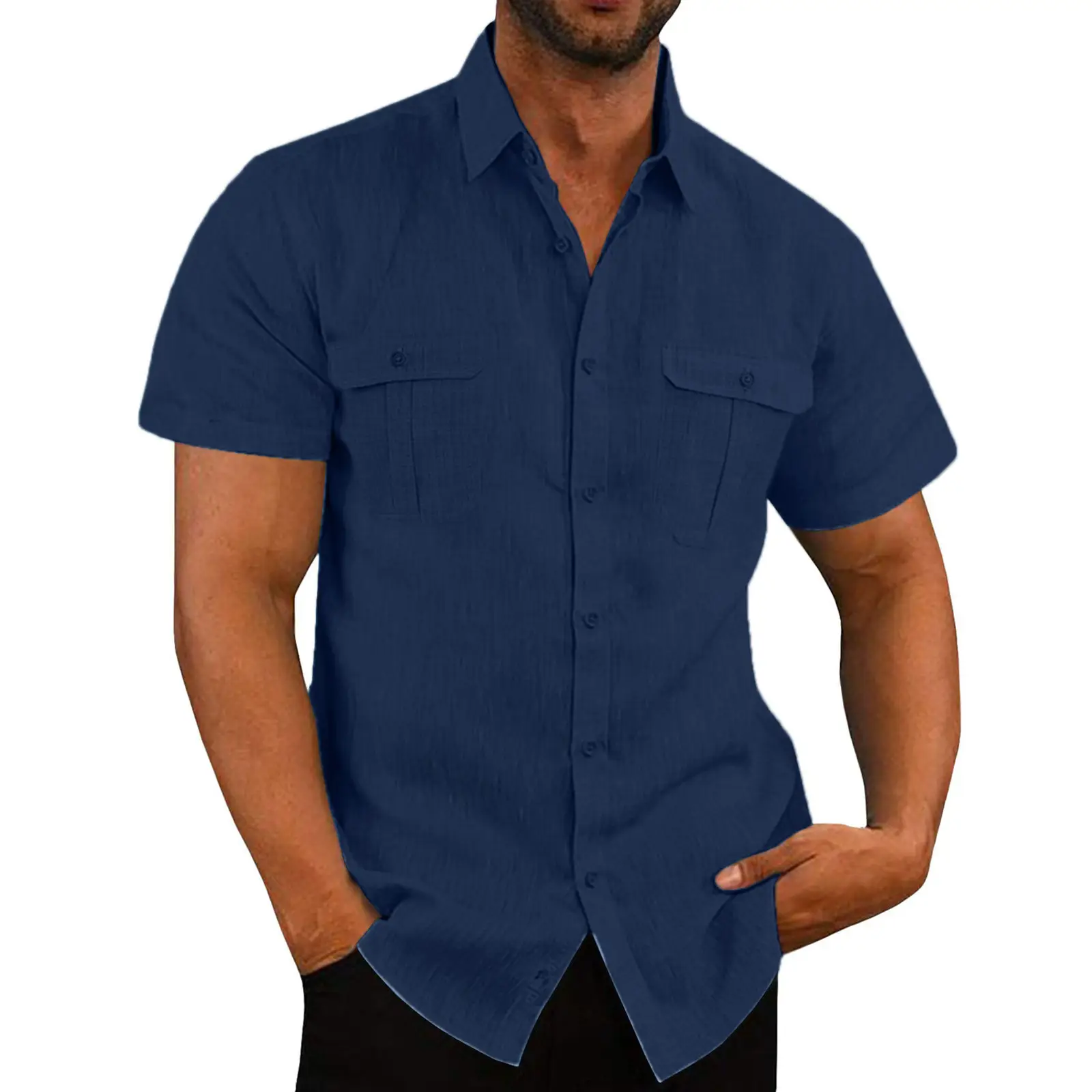 Men's Black Short Sleeve Button Shirt with Double Pocket - Image 5