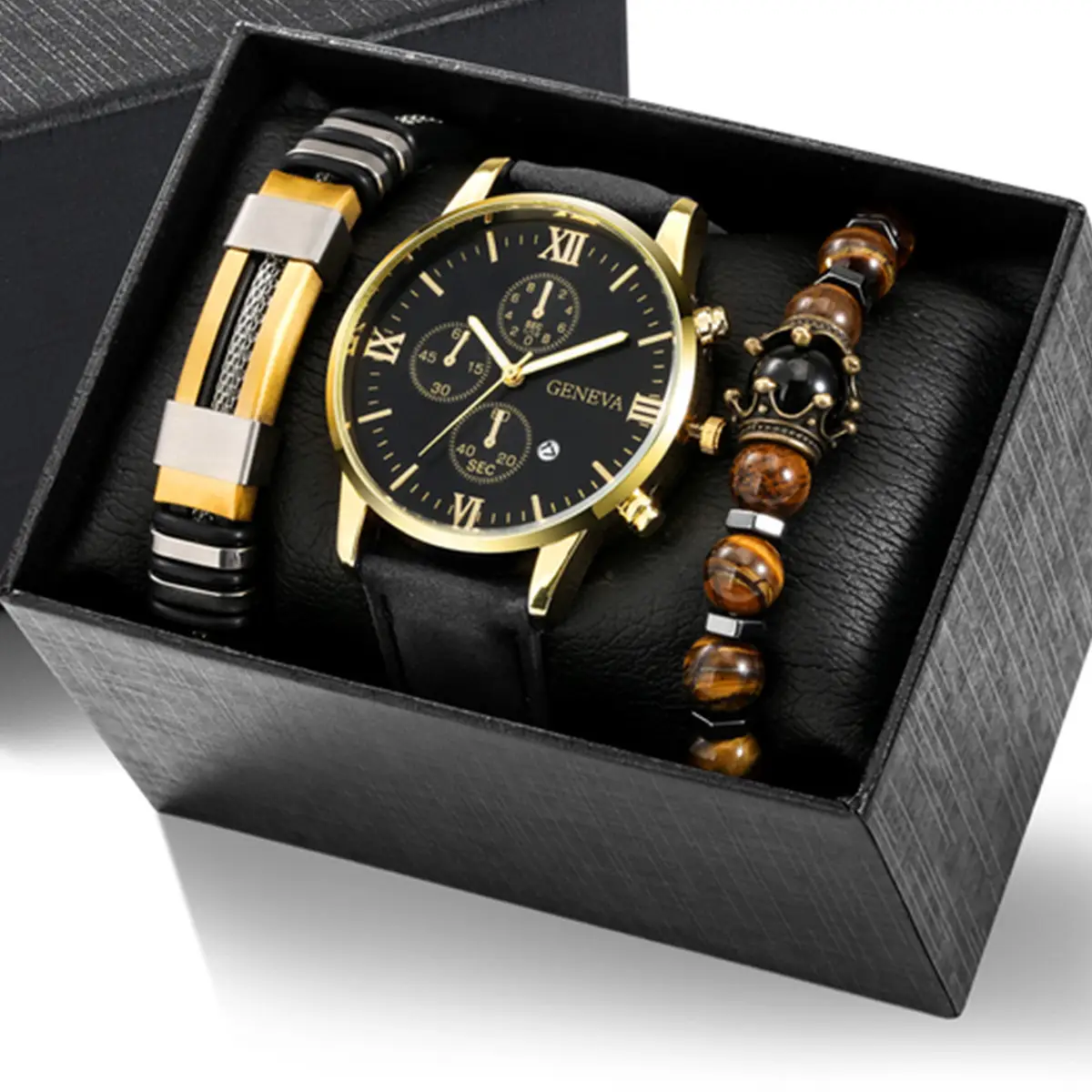 Men's Stainless Steel Watch with Beaded Bracelet Set - Image 2