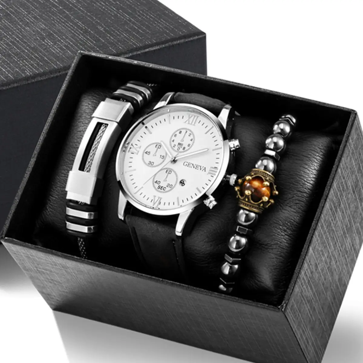 Men's Stainless Steel Watch with Beaded Bracelet Set - Image 3