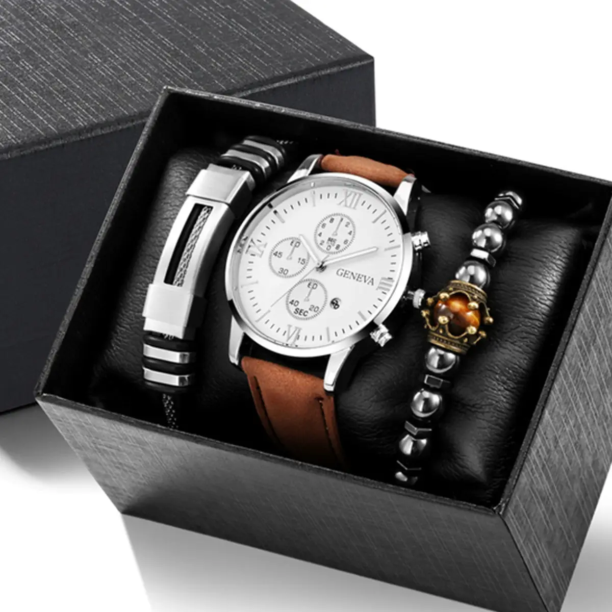 Men's Stainless Steel Watch with Beaded Bracelet Set - Image 4