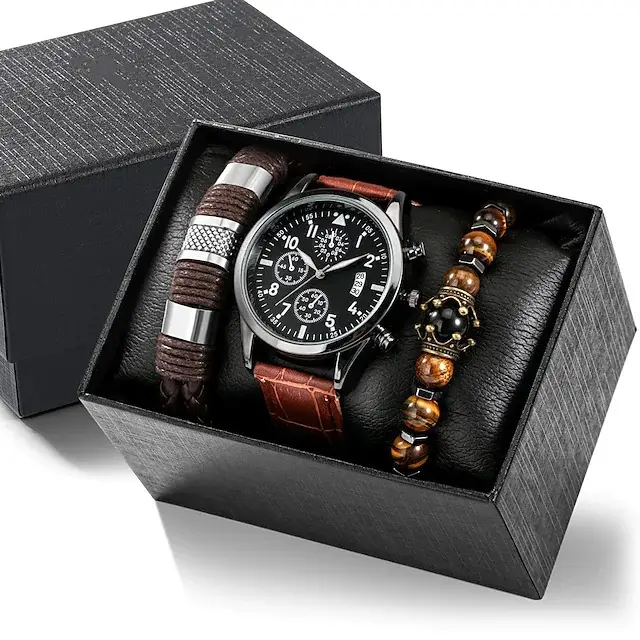 Men's Stainless Steel Watch with Beaded Bracelet Set - Image 5