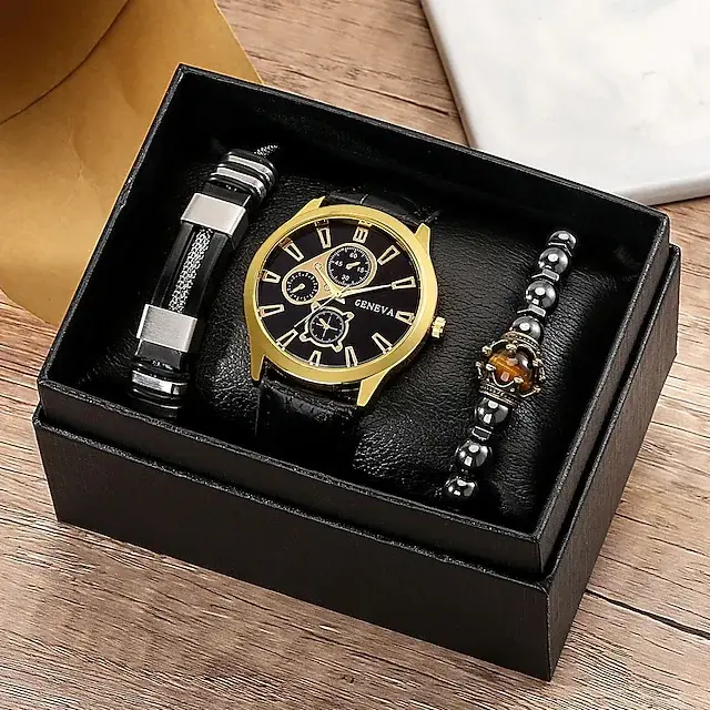 Men's Stainless Steel Watch with Beaded Bracelet Set - Image 6
