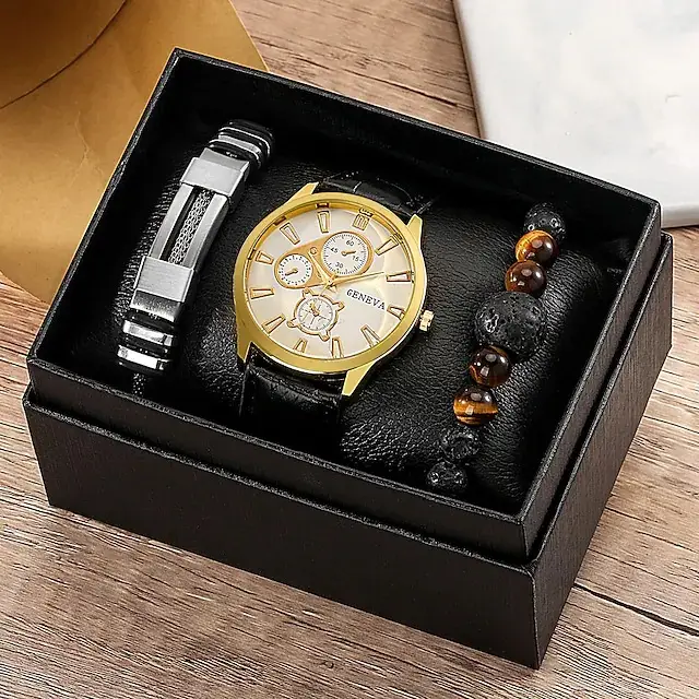 Men's Stainless Steel Watch with Beaded Bracelet Set - Image 7