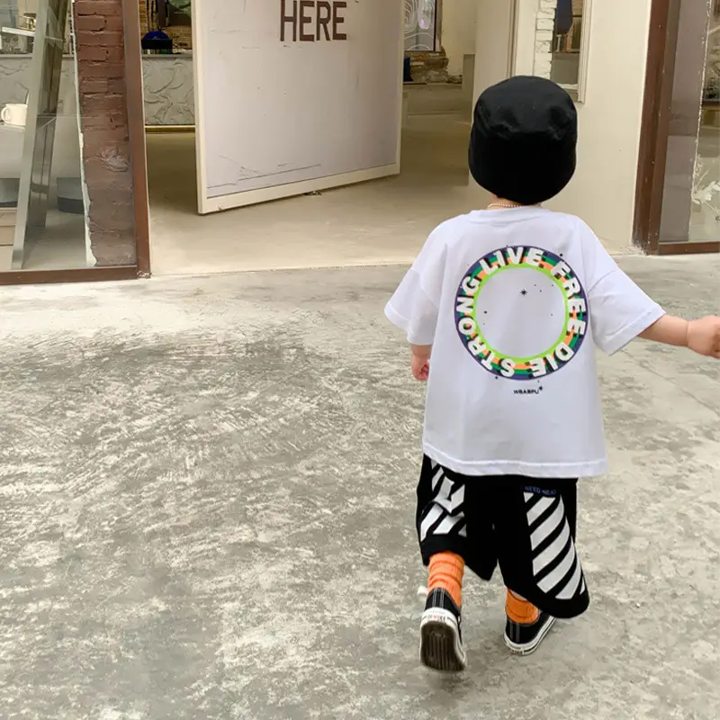 100% Cotton Baby Ring Print T-Shirt White Black Striped Shorts - Image 3