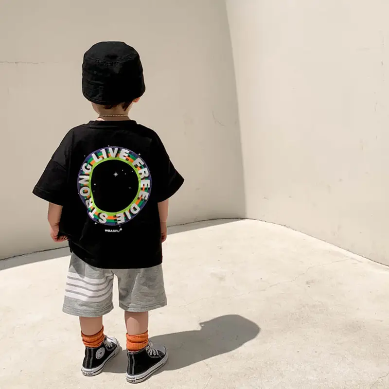 100% Cotton Baby Ring Print T-Shirt White Black Striped Shorts - Image 4