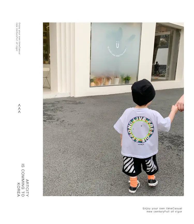 100% Cotton Baby Ring Print T-Shirt White Black Striped Shorts — feature 10