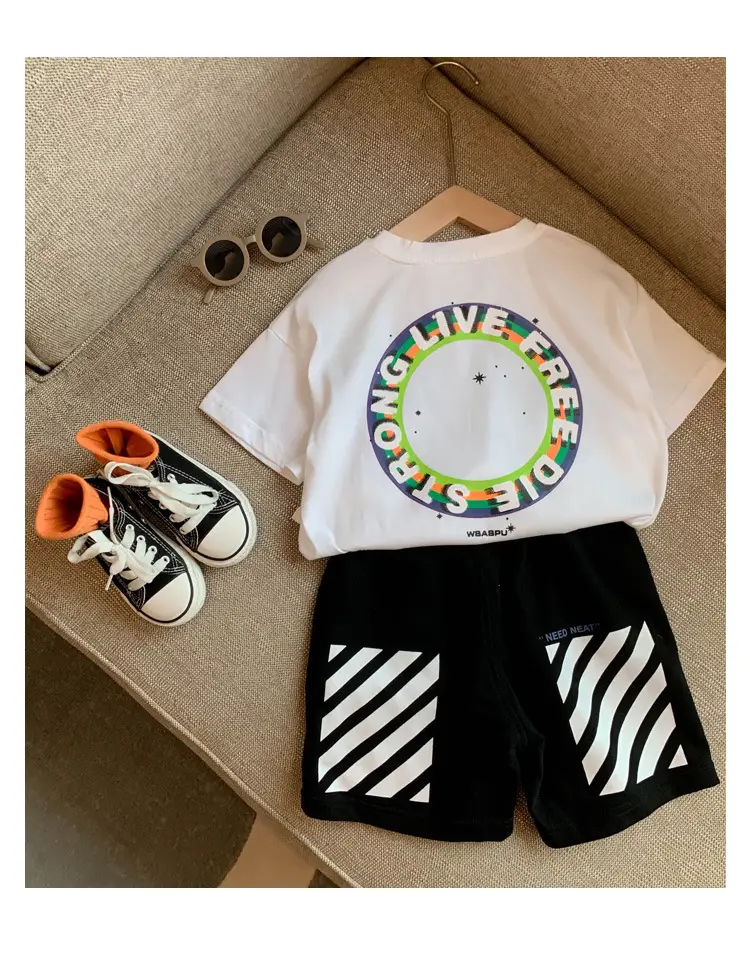 100% Cotton Baby Ring Print T-Shirt White Black Striped Shorts — feature 11