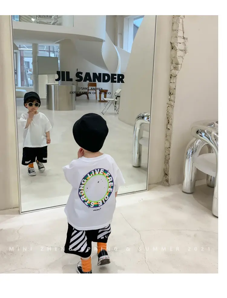 100% Cotton Baby Ring Print T-Shirt White Black Striped Shorts — feature 13
