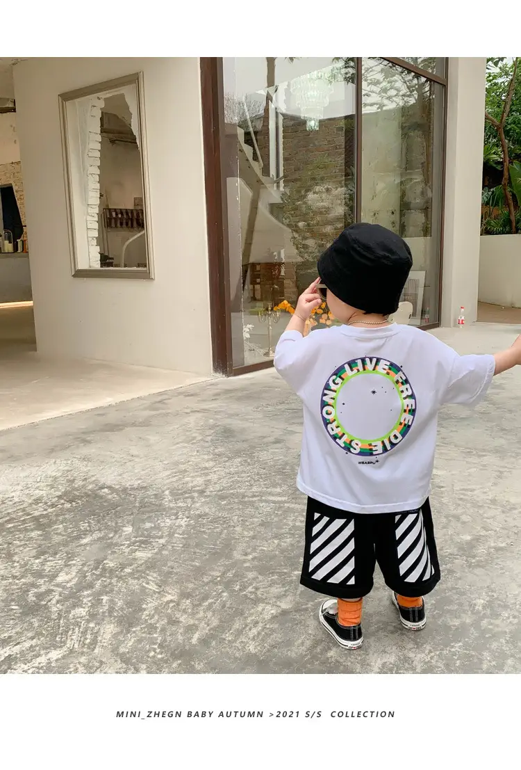 100% Cotton Baby Ring Print T-Shirt White Black Striped Shorts — feature 15
