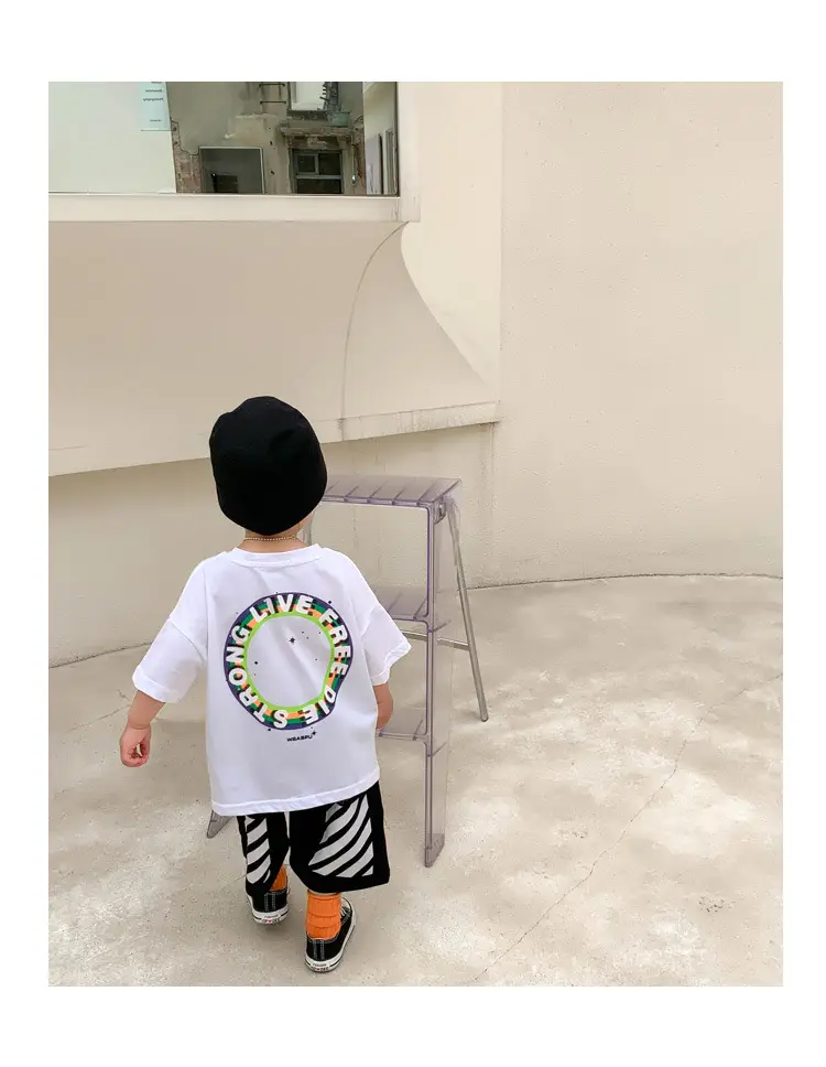 100% Cotton Baby Ring Print T-Shirt White Black Striped Shorts — feature 17