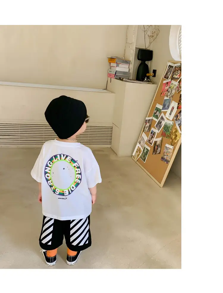 100% Cotton Baby Ring Print T-Shirt White Black Striped Shorts — feature 19