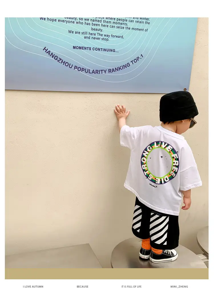 100% Cotton Baby Ring Print T-Shirt White Black Striped Shorts — feature 2