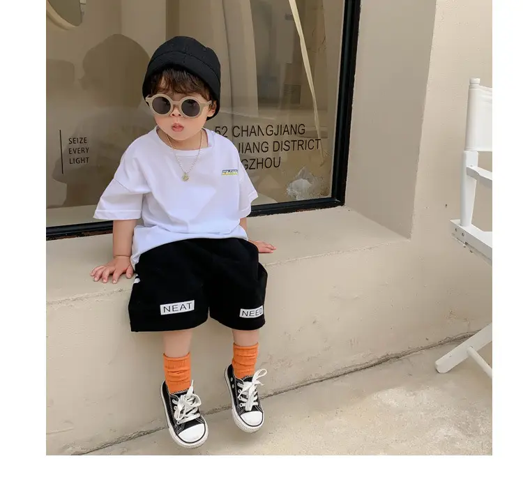 100% Cotton Baby Ring Print T-Shirt White Black Striped Shorts — feature 22