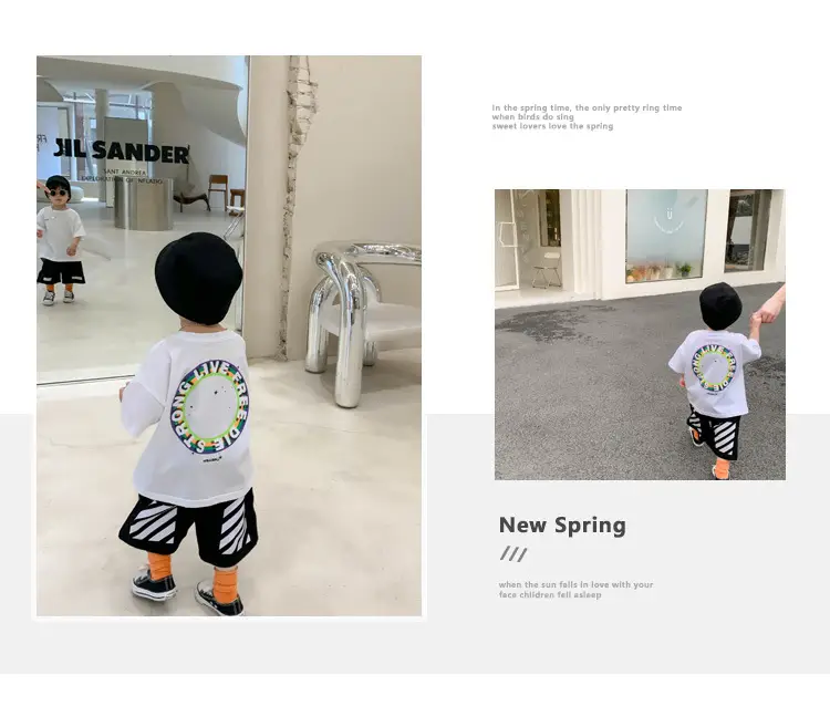100% Cotton Baby Ring Print T-Shirt White Black Striped Shorts — feature 3