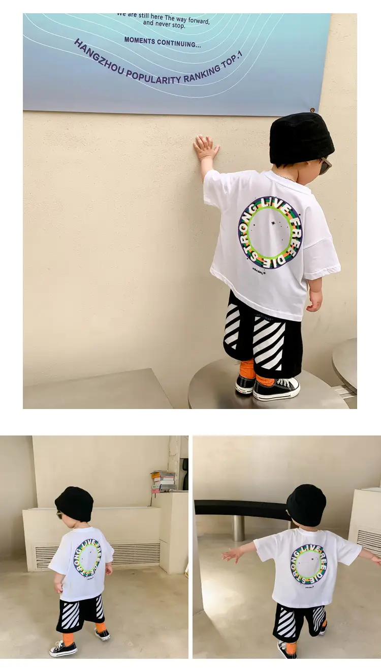 100% Cotton Baby Ring Print T-Shirt White Black Striped Shorts — feature 7
