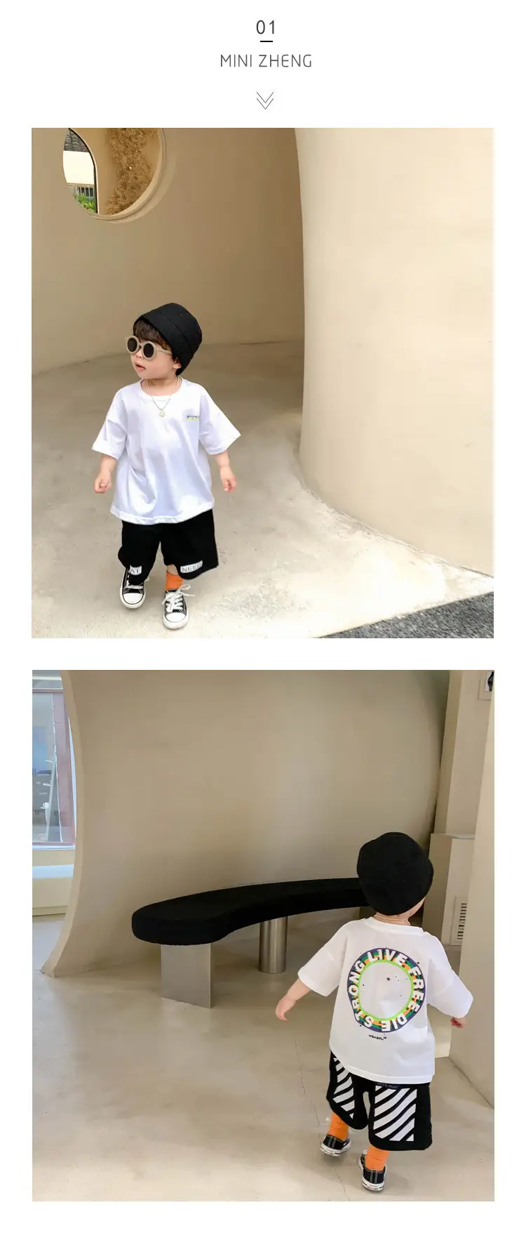 100% Cotton Baby Ring Print T-Shirt White Black Striped Shorts — feature 8