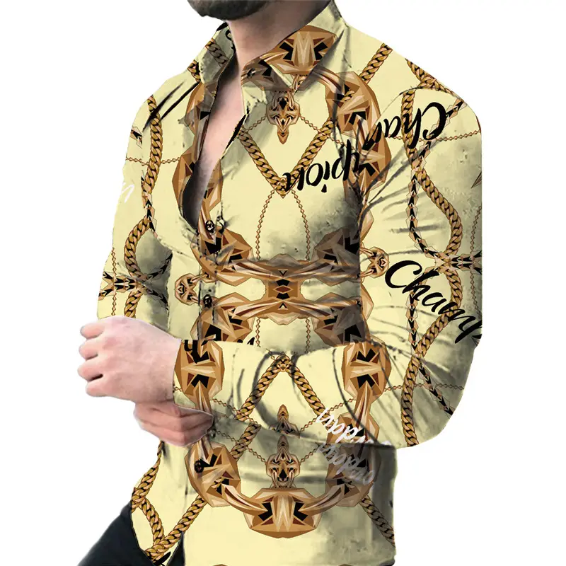 Men's 3D Printed Slim Fit Shirt with Blue Gold Print - Image 3