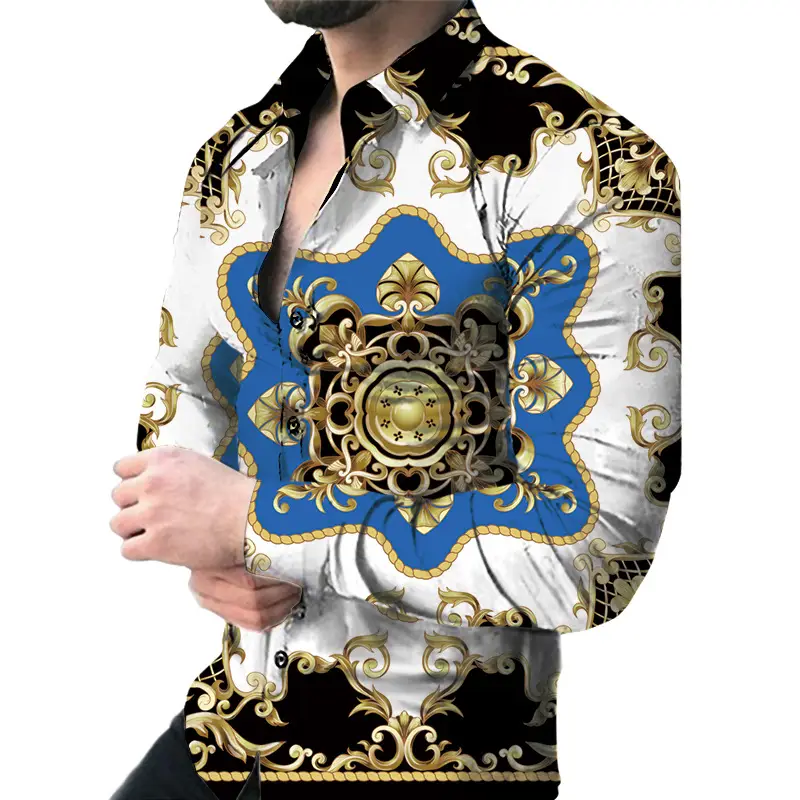 Men's 3D Printed Slim Fit Shirt with Blue Gold Print - Image 19