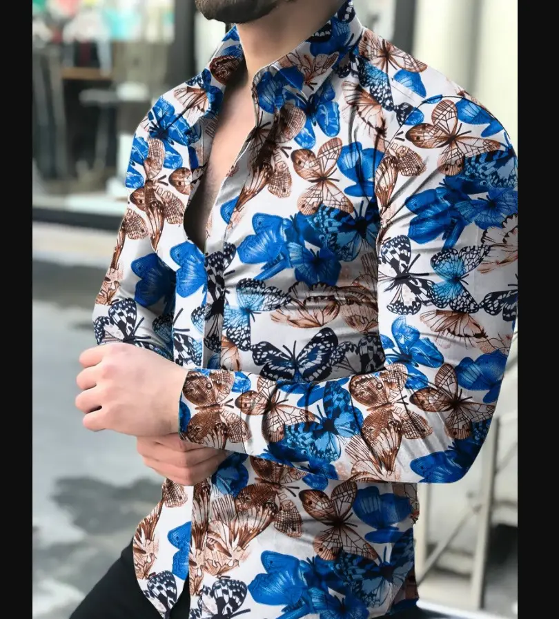 Men's 3D Printed Slim Fit Shirt with Blue Gold Print - Image 22