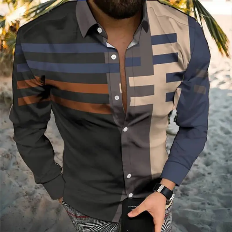Men's 3D Printed Slim Fit Shirt with Blue Gold Print - Image 27