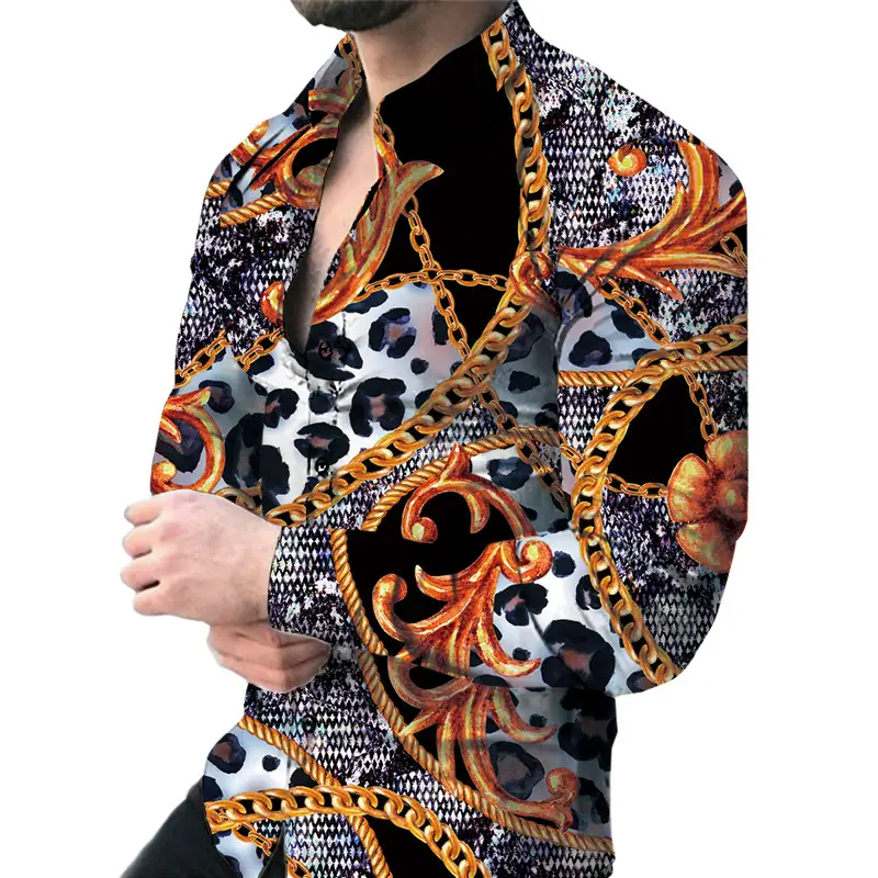 Men's 3D Printed Slim Fit Shirt with Blue Gold Print - Image 8