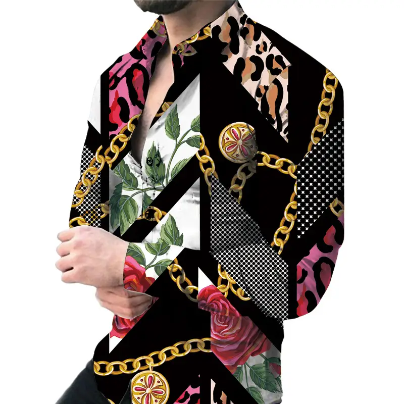 Men's 3D Printed Slim Fit Shirt with Blue Gold Print - Image 9