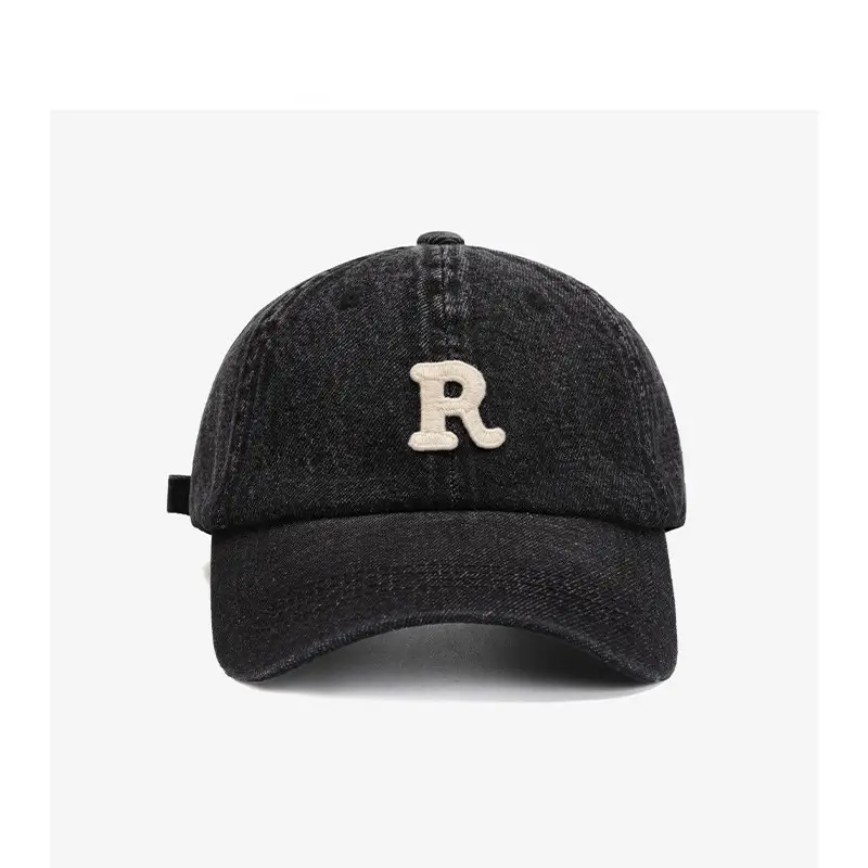 Black R Letter Soft Denim Baseball Cap for Men Women