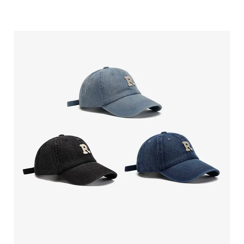 Black R Letter Soft Denim Baseball Cap for Men Women