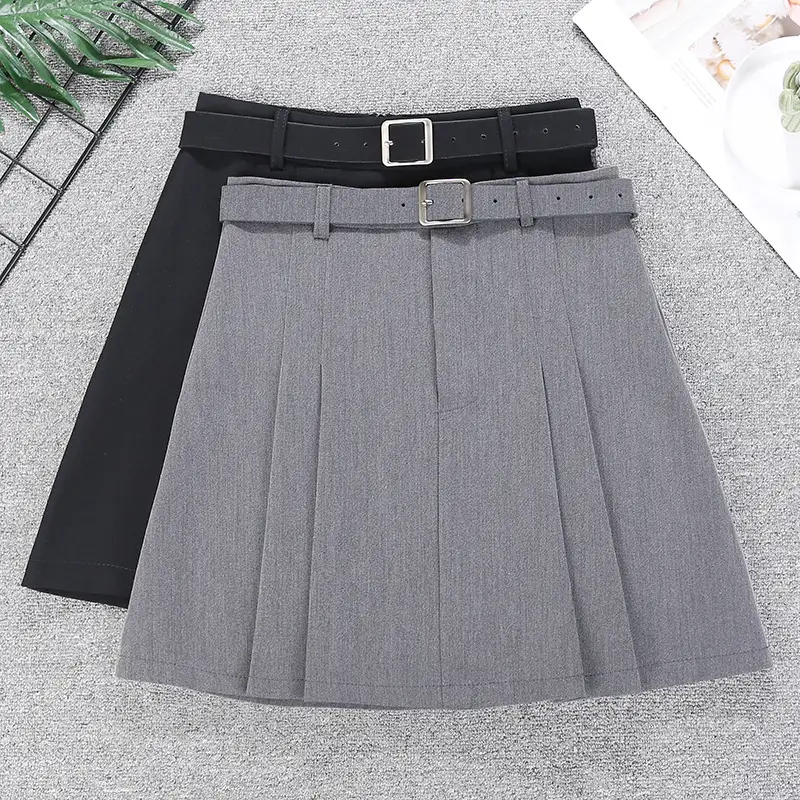 Women Grey Pleated Skirt with Belt — feature 1