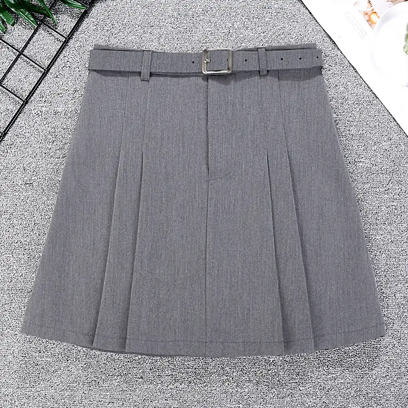 Women Grey Pleated Skirt with Belt - Image 2