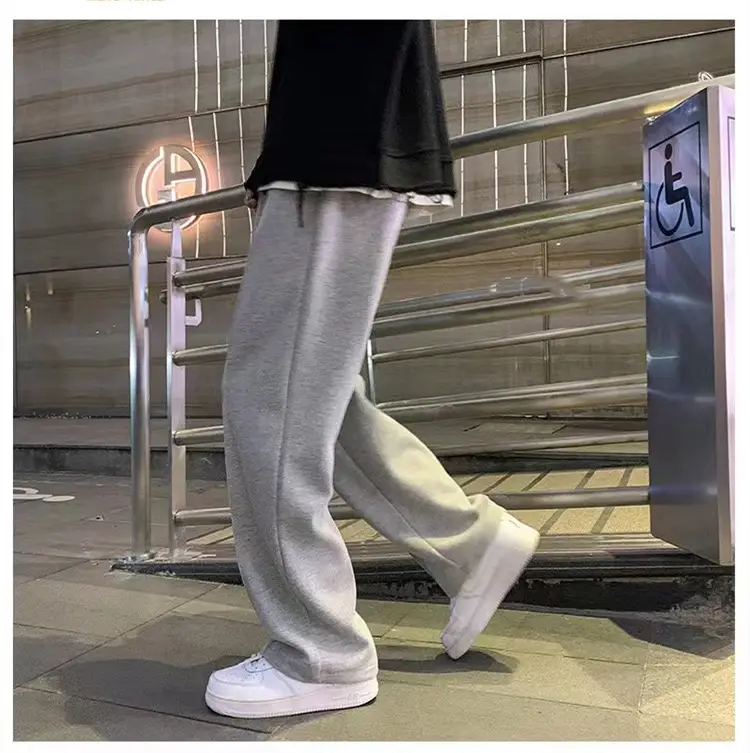 Men's Grey Straight Wide Leg Sweatpants Spring Autumn Casual Pants