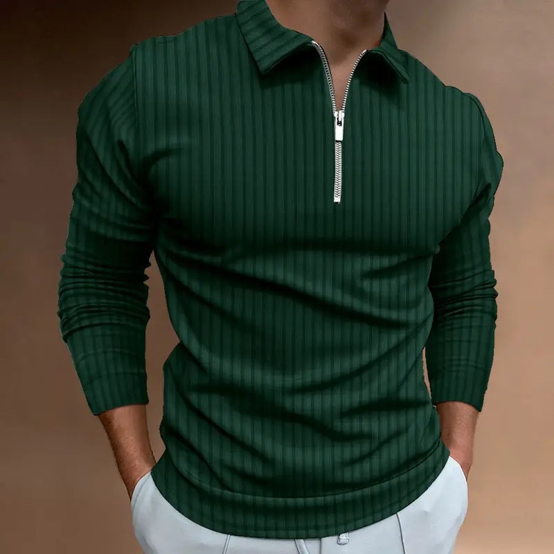 Men's Red Zipper Polo Shirt Long Sleeve Digital Print