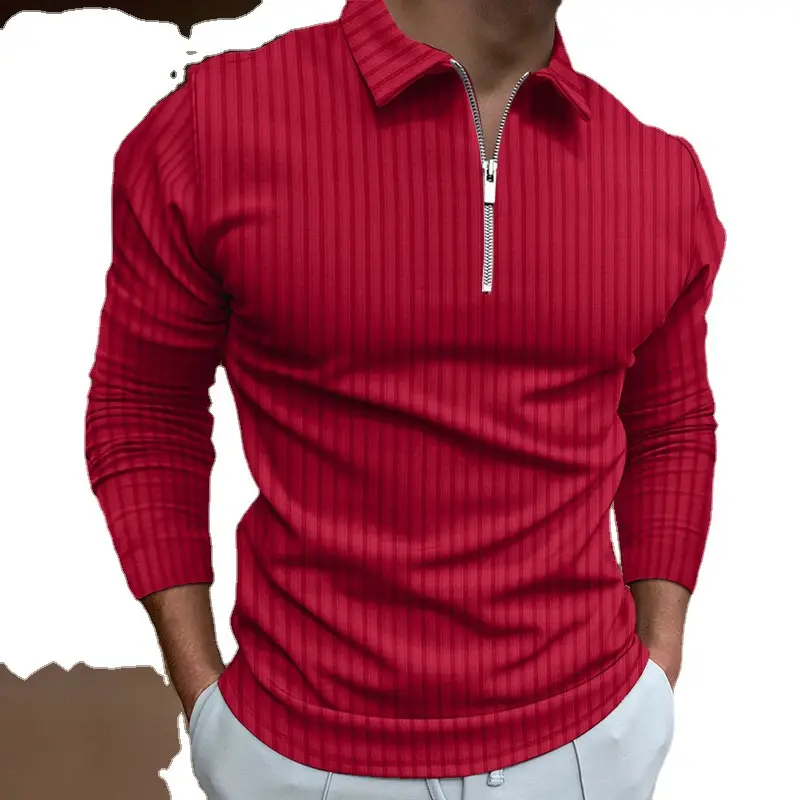 Men's Red Zipper Polo Shirt Long Sleeve Digital Print