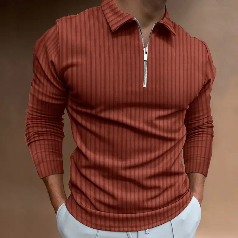 Men's Red Zipper Polo Shirt Long Sleeve Digital Print